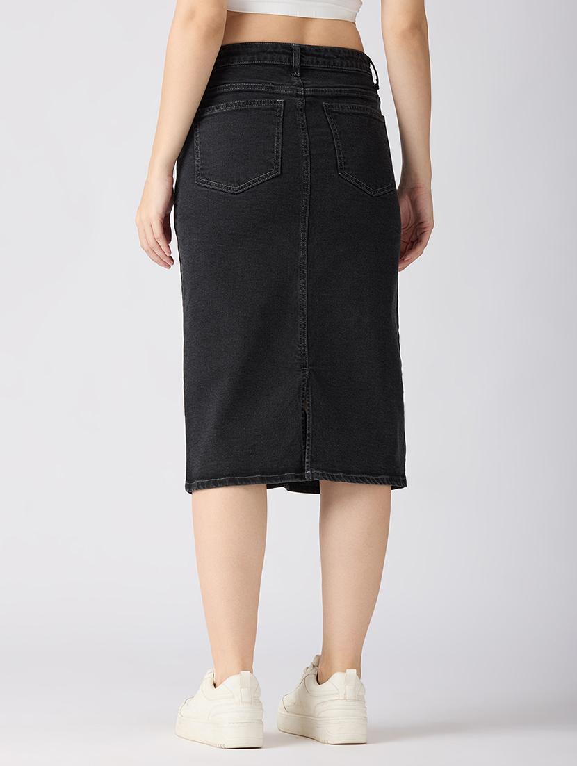 globus women charcoal stretchable solid mid-rise back slit midi denim pencil skirt - 21694769 - Standard Image - 3