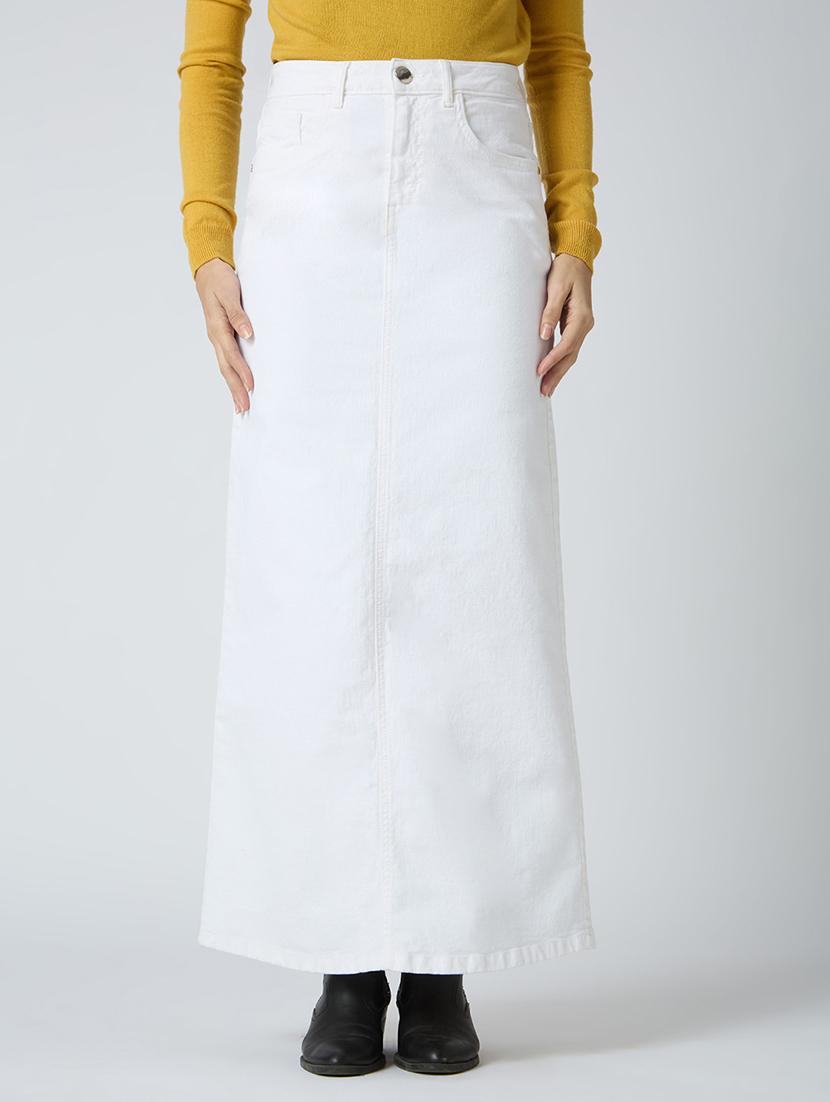 globus women white stretchable solid mid-rise back slit straight maxi denim skirt - 21694770 - Zoom Image - 0