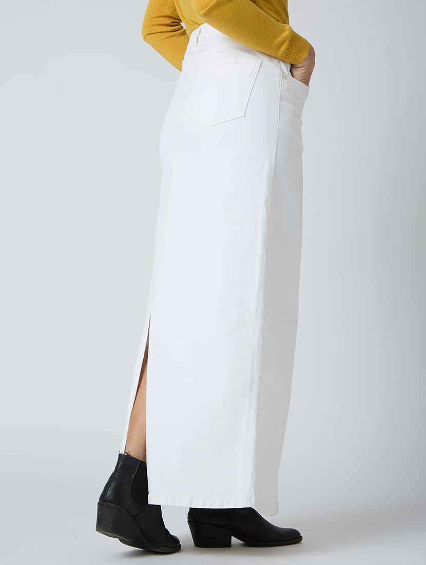 globus women white stretchable solid mid-rise back slit straight maxi denim skirt - 21694770 - Standard Image - 3