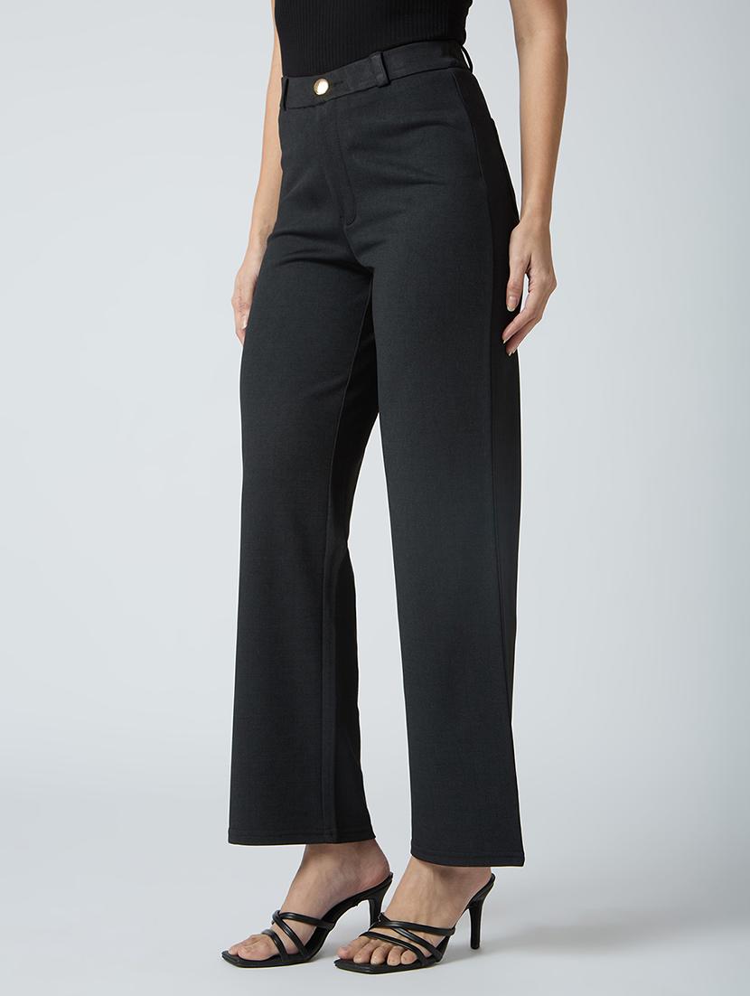 globus women black self checked design stretchable mid-rise straight fit workwear trousers - 21694771 - Zoom Image - 0
