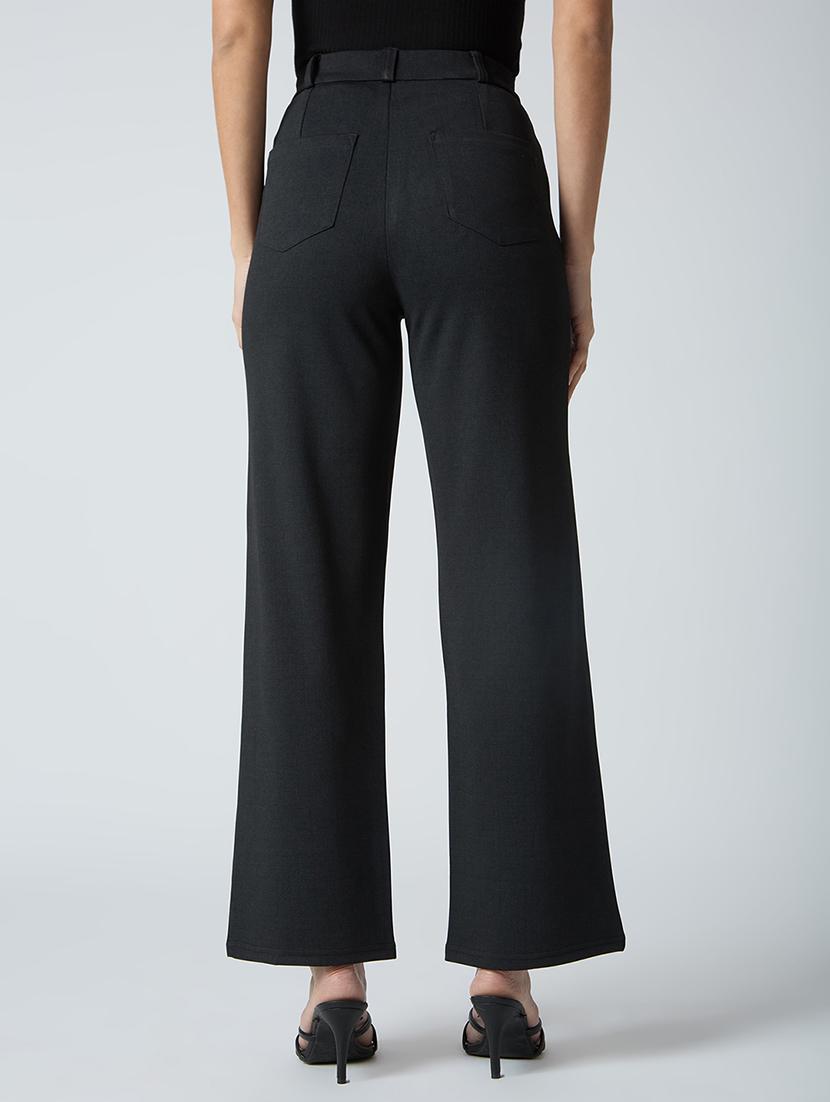 globus women black self checked design stretchable mid-rise straight fit workwear trousers - 21694771 - Standard Image - 3