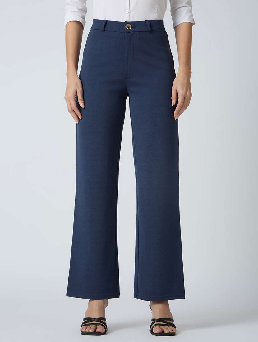 globus women navy self checked design stretchable mid-rise straight fit workwear trousers