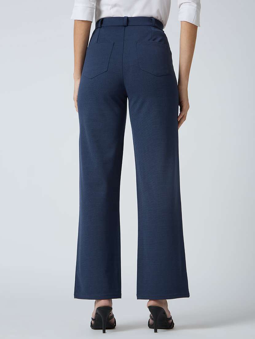 globus women navy self checked design stretchable mid-rise straight fit workwear trousers - 21694772 -  Standard Image - 3