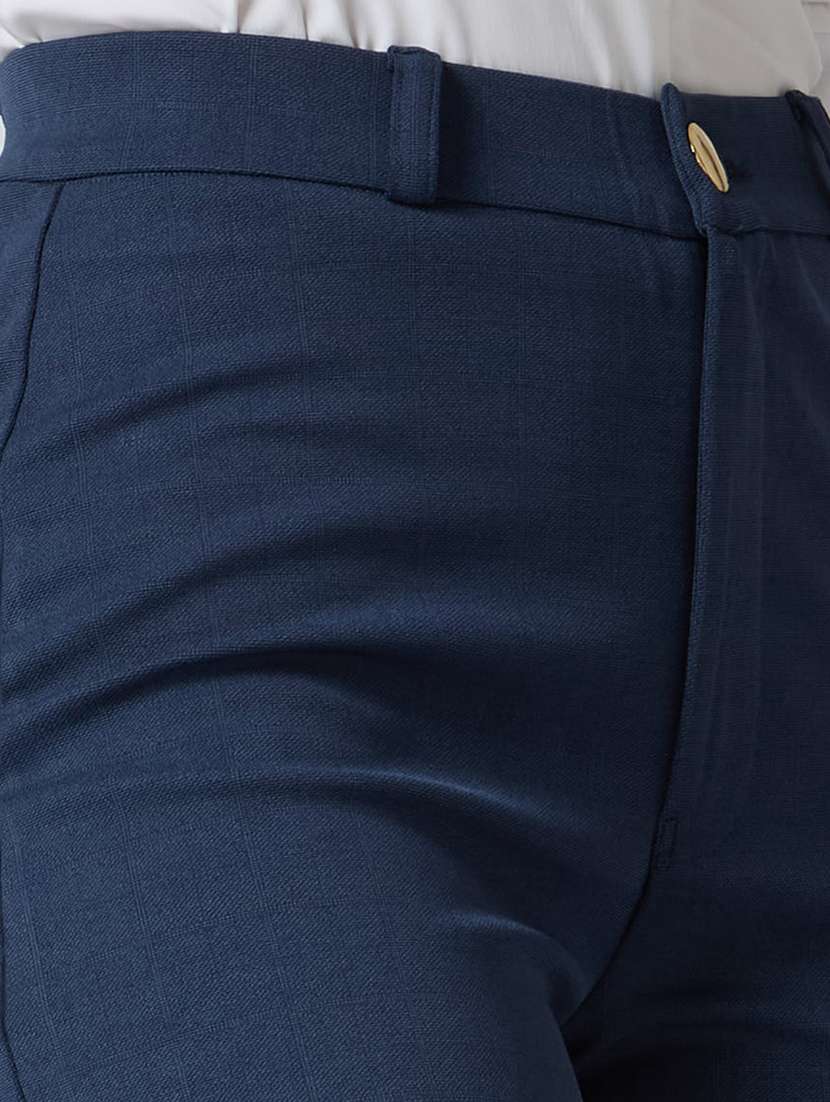 globus women navy self checked design stretchable mid-rise straight fit workwear trousers - 21694772 -  Standard Image - 5