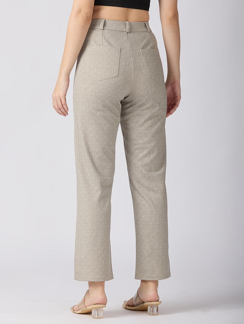 globus women beige self checked design stretchable mid-rise straight fit workwear trousers - 21694773 - Standard Image - 3