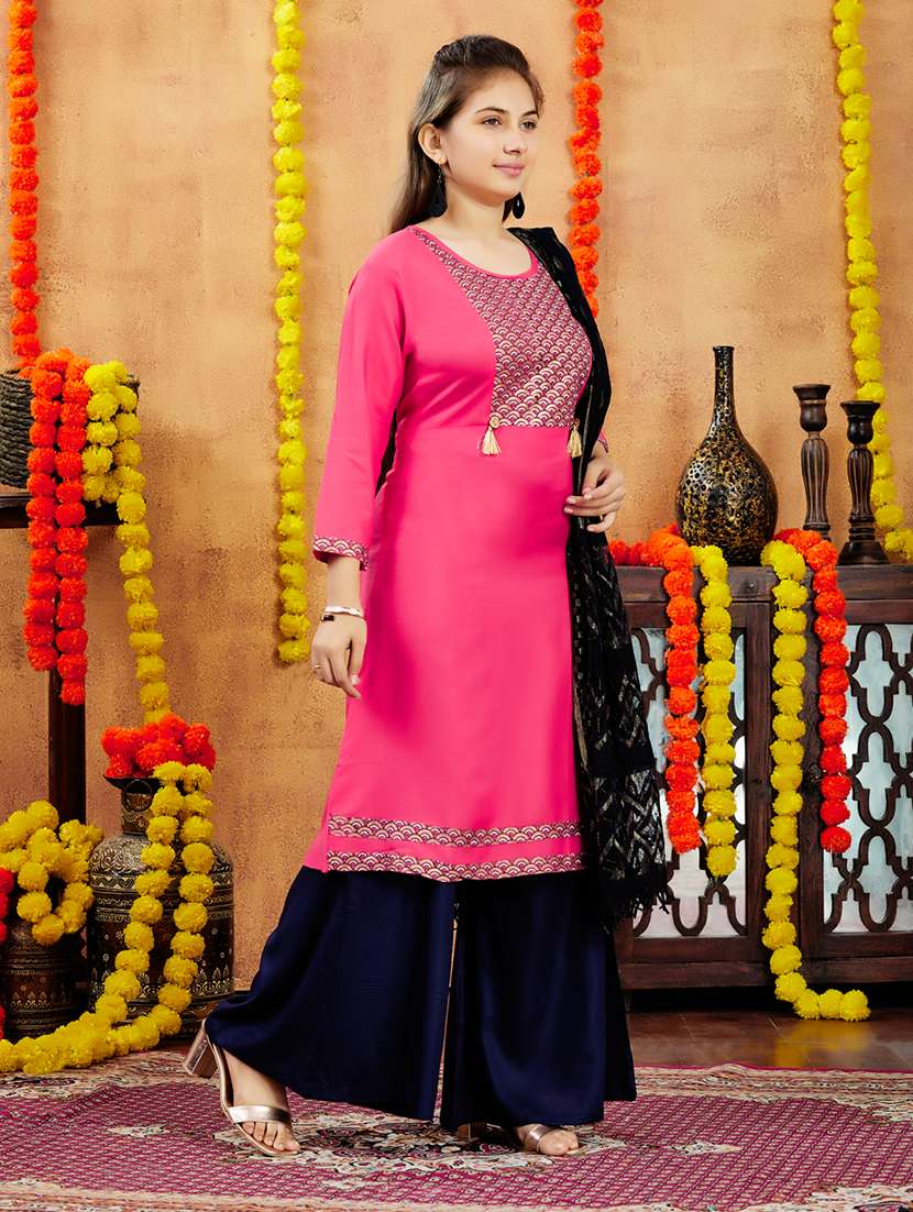 girls placement print round neck a-line kurta - 21694875 - Standard Image - 3