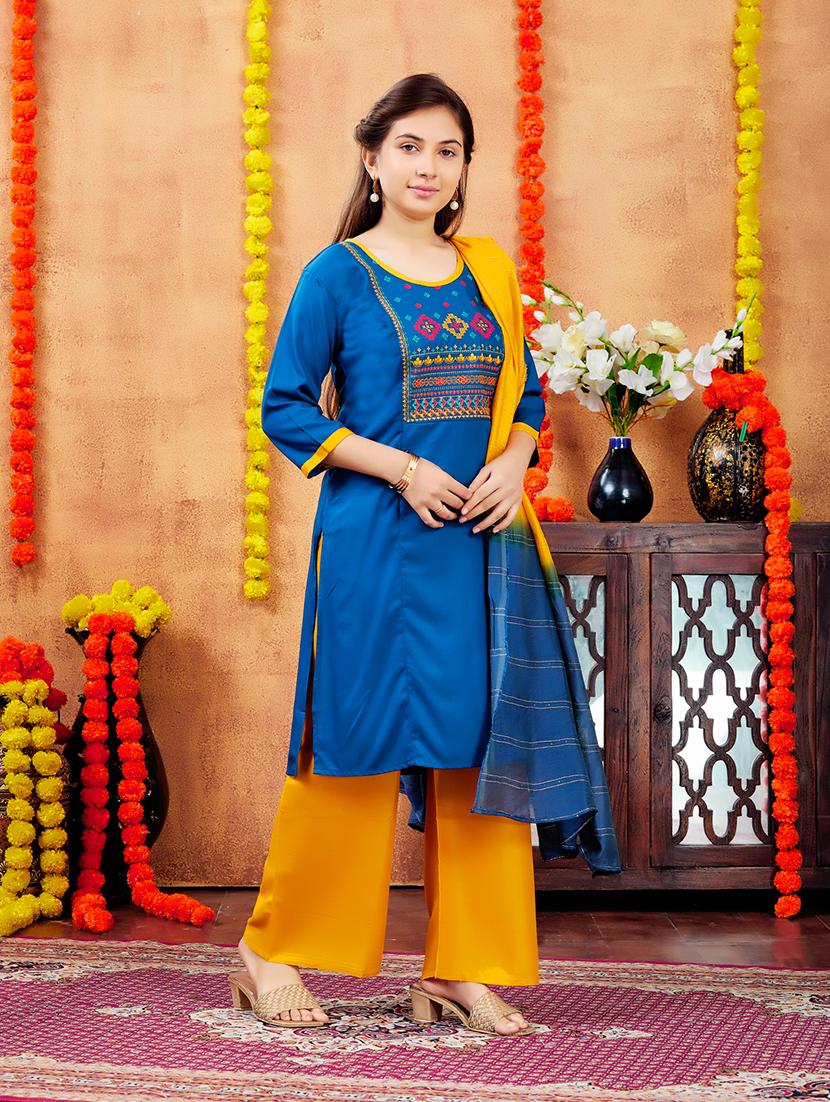 girls embroidered round neck straight kurta - 21694878 - Standard Image - 3