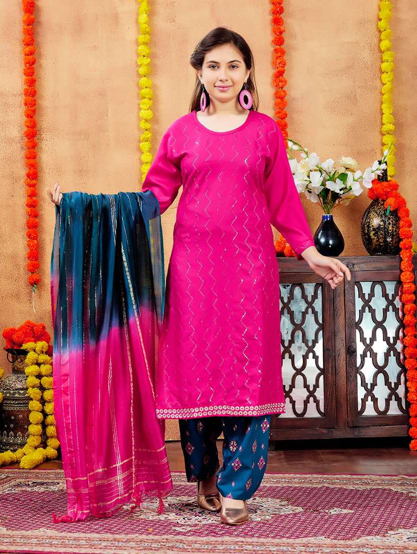 girls sequin work round neck straight kurta - 21694886 - Zoom Image - 0
