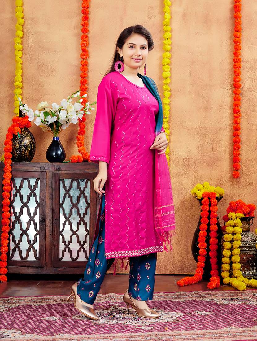 girls sequin work round neck straight kurta - 21694886 - Standard Image - 3