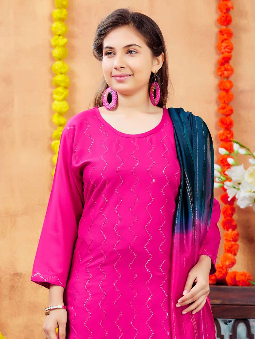 girls sequin work round neck straight kurta - 21694886 - Standard Image - 5