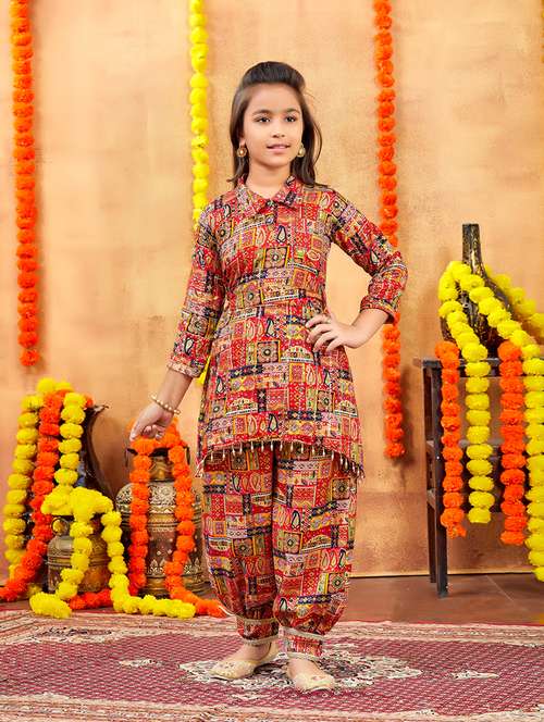 girls printed shirt collar neck patiyala suit set