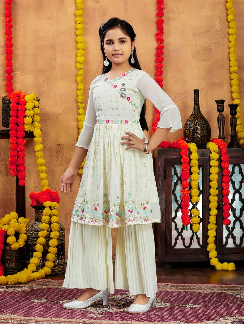 girls embroidered sequin work kurta sharara set 