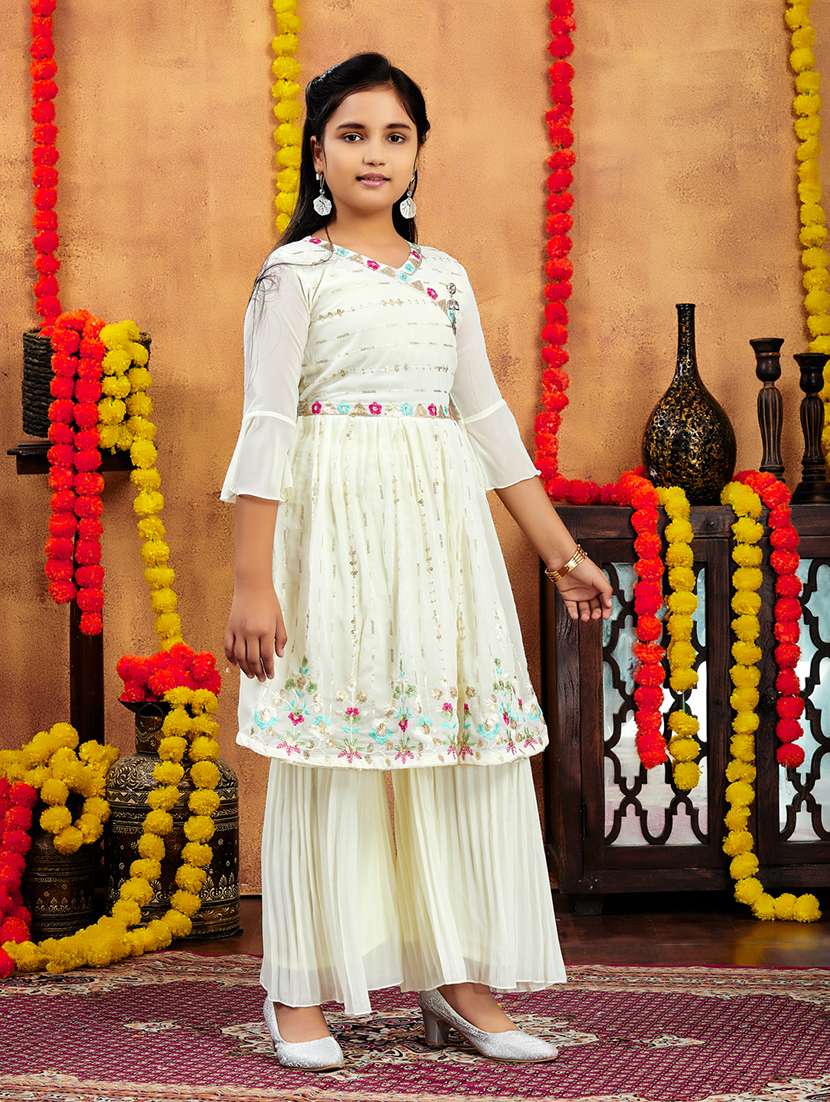 girls embroidered sequin work kurta sharara set  - 21694897 -  Standard Image - 3
