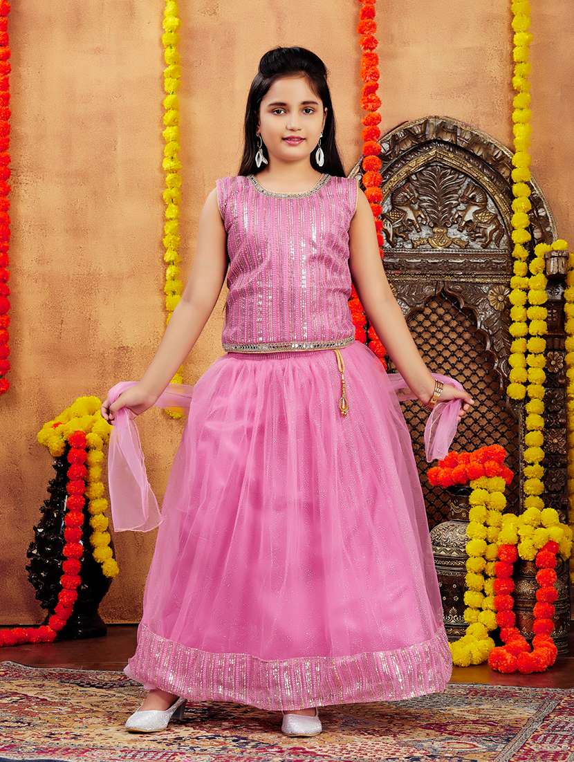 Girls Sequin Work Sleeveless Lehenga Choli With Dupatta
