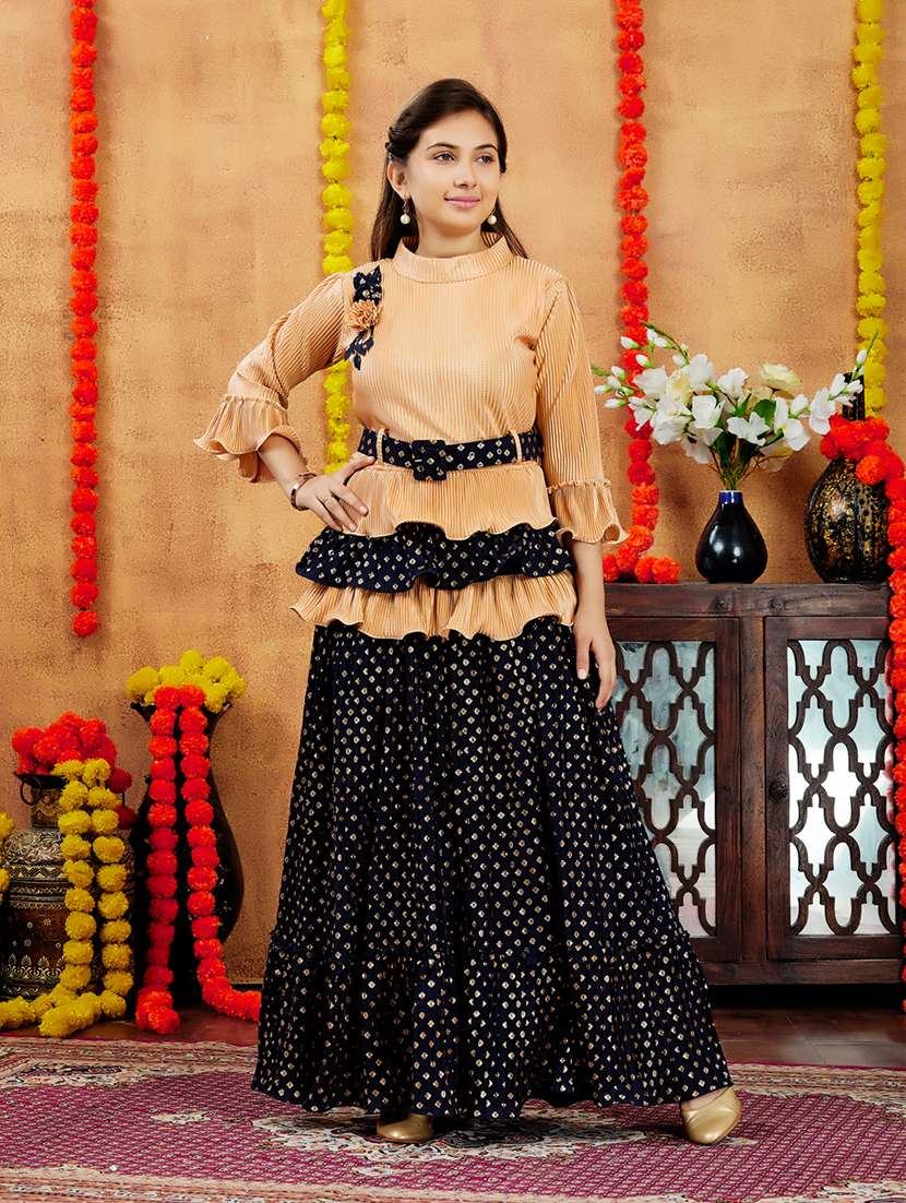 girls foil printed skirt top set with belt