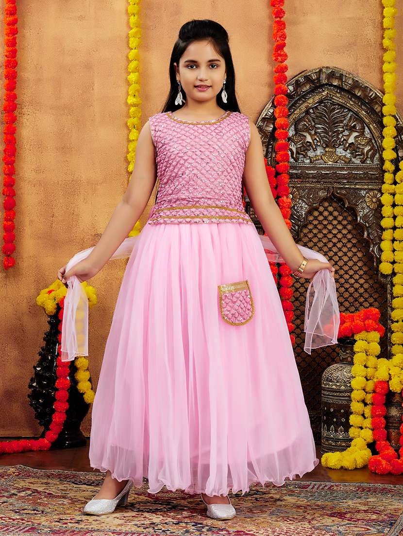 Girls Sequin Work Lehenga Choli Set With Attached Bag 