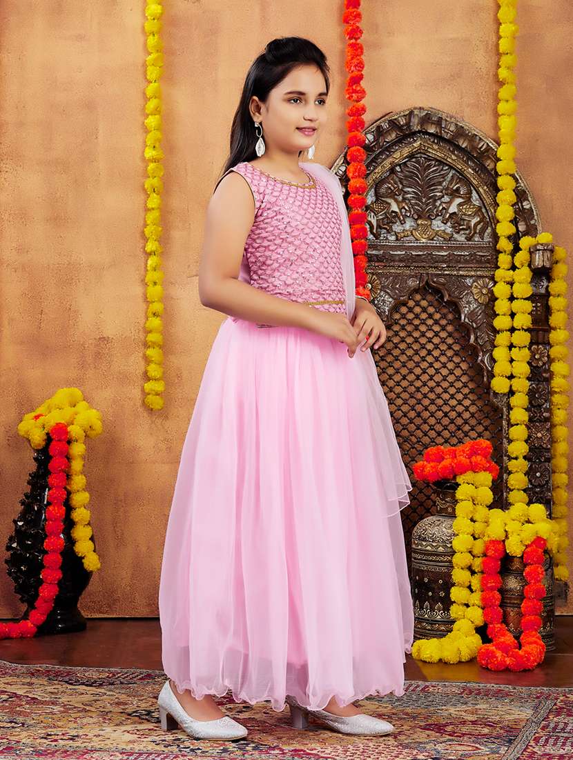Girls Sequin Work Lehenga Choli Set With Attached Bag 