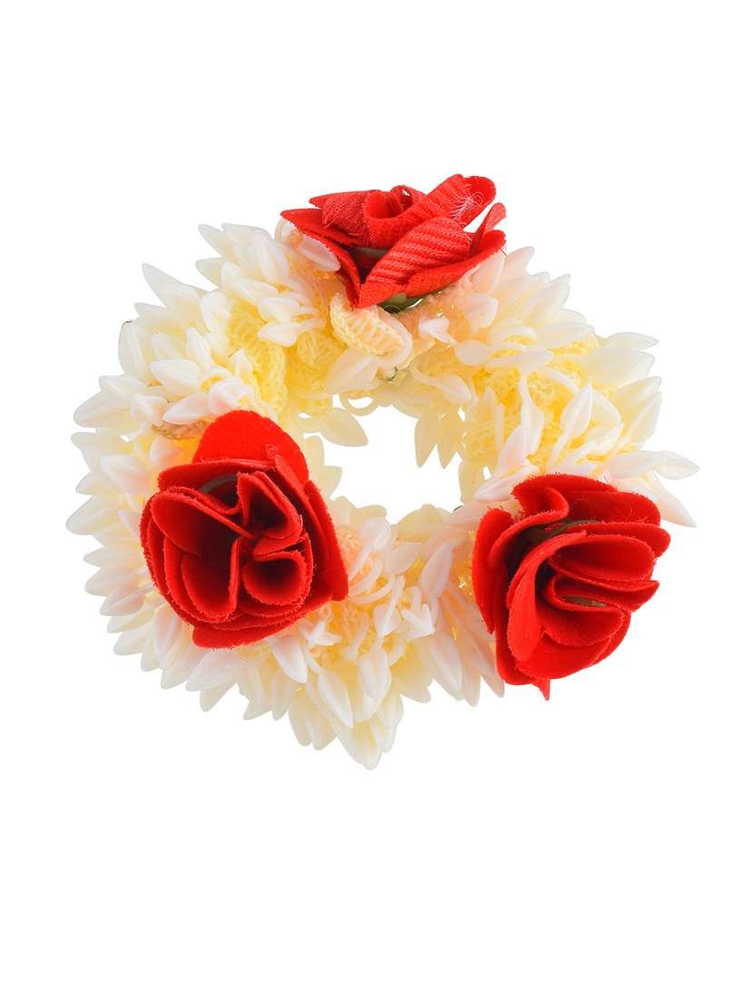 artificial hair gajra with red roses and white mogra flowers