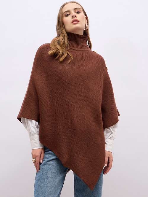 women brown turtle neck self design ponchos - 21695371 - Standard Image - 0