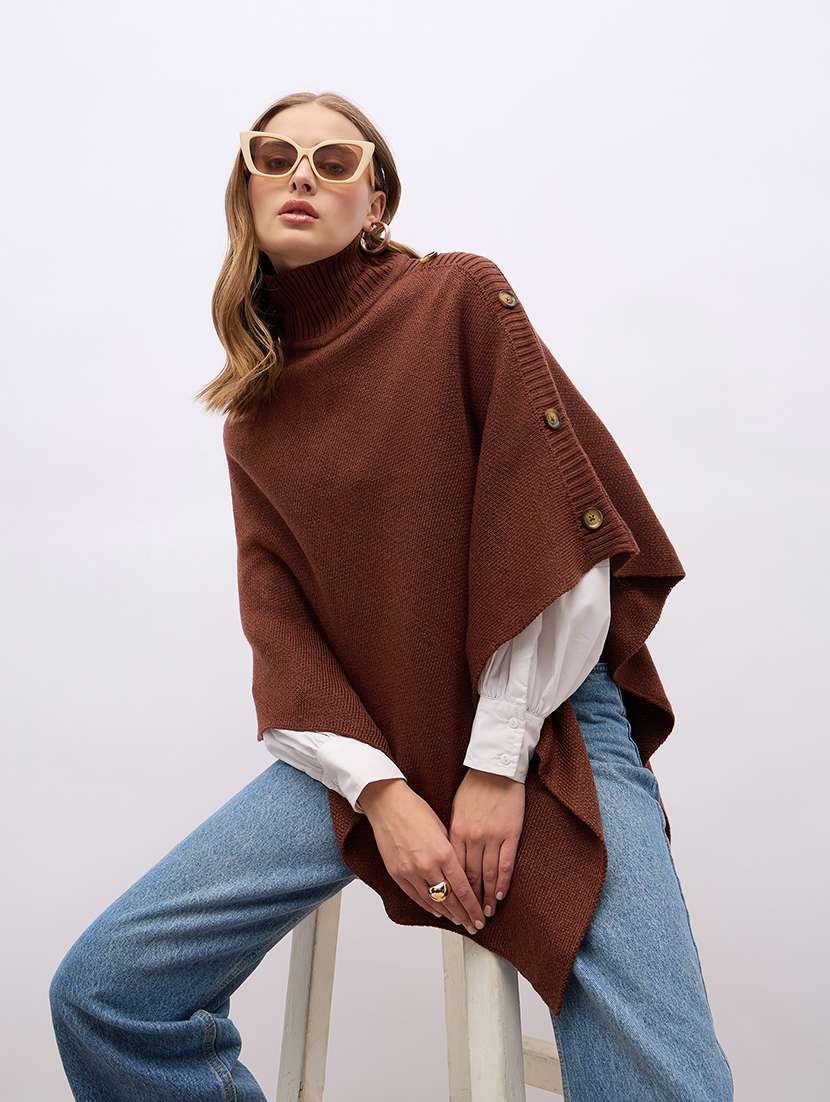 women brown turtle neck self design ponchos - 21695371 - Standard Image - 3