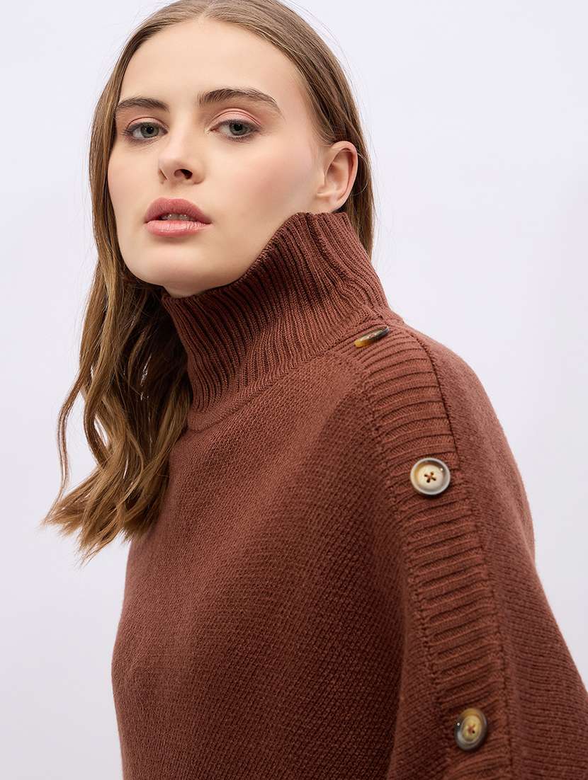 women brown turtle neck self design ponchos - 21695371 - Standard Image - 5
