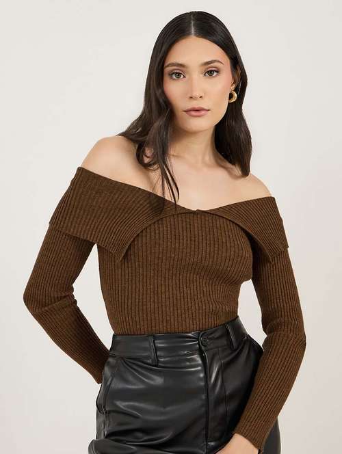 women solid long sleeve off shoulder pullover - 21695379 -  Standard Image - 0