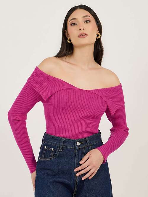 women solid long sleeve off shoulder pullover - 21695380 -  Standard Image - 0