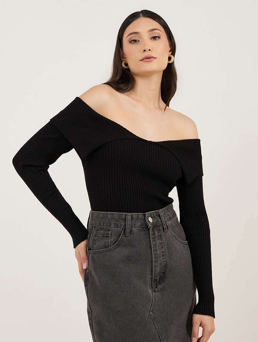 women solid long sleeve off shoulder pullover - 21695395 -  Zoom Image - 0
