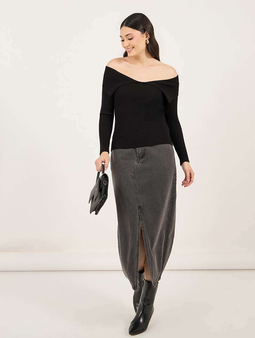 women solid long sleeve off shoulder pullover - 21695395 -  Standard Image - 3