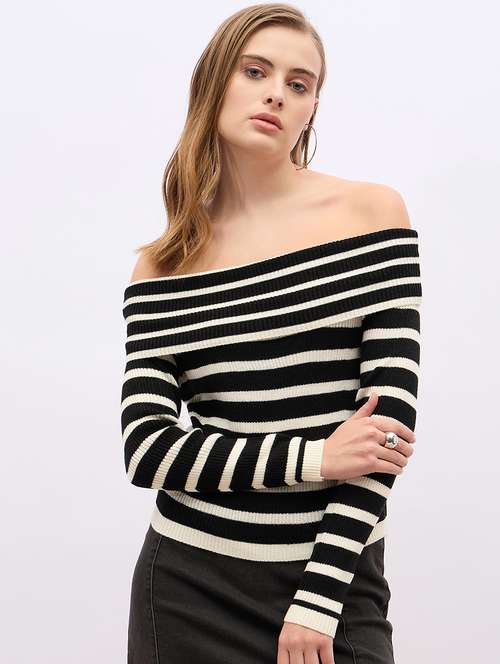 women striped long sleeve off shoulder pullover - 21695396 -  Standard Image - 0