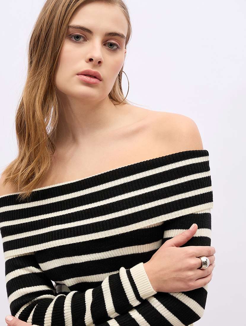 women striped long sleeve off shoulder pullover - 21695396 - Standard Image - 3