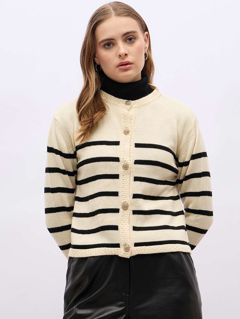 women striped long sleeve cardigan