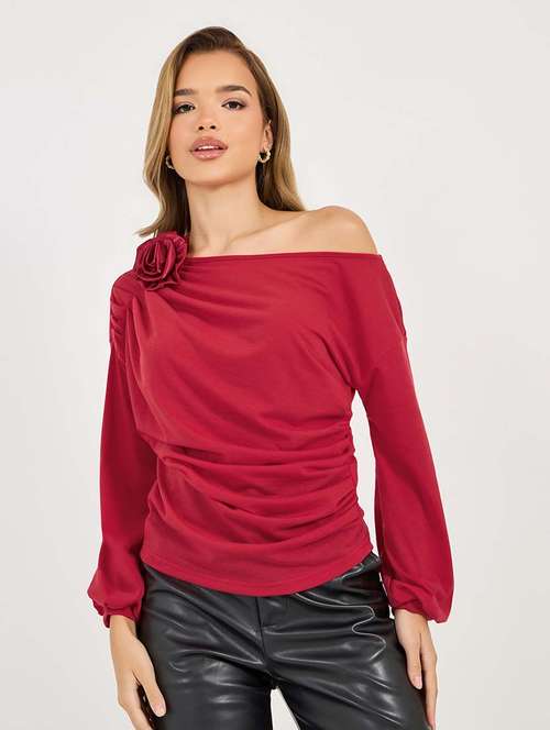 women solid asymmetric neck ruched top - 21695473 - Standard Image - 0