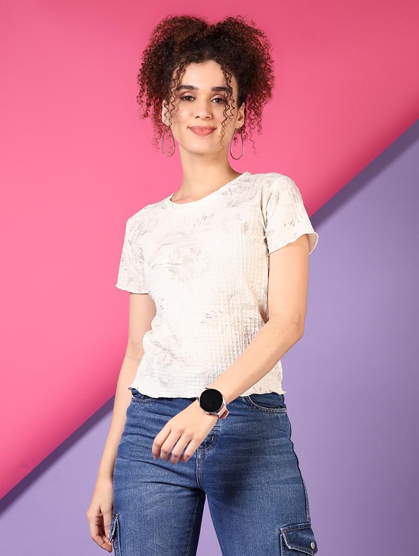 women cream printed round neck regular fit top - 21695564 -  Zoom Image - 0