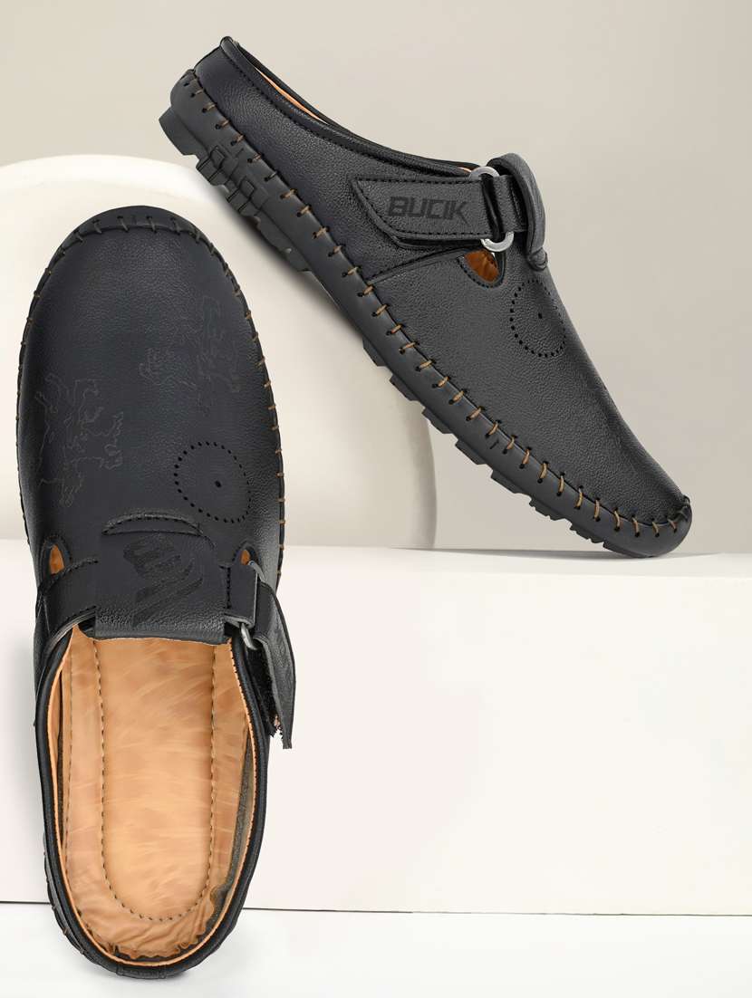 black synthetic slip on sandals