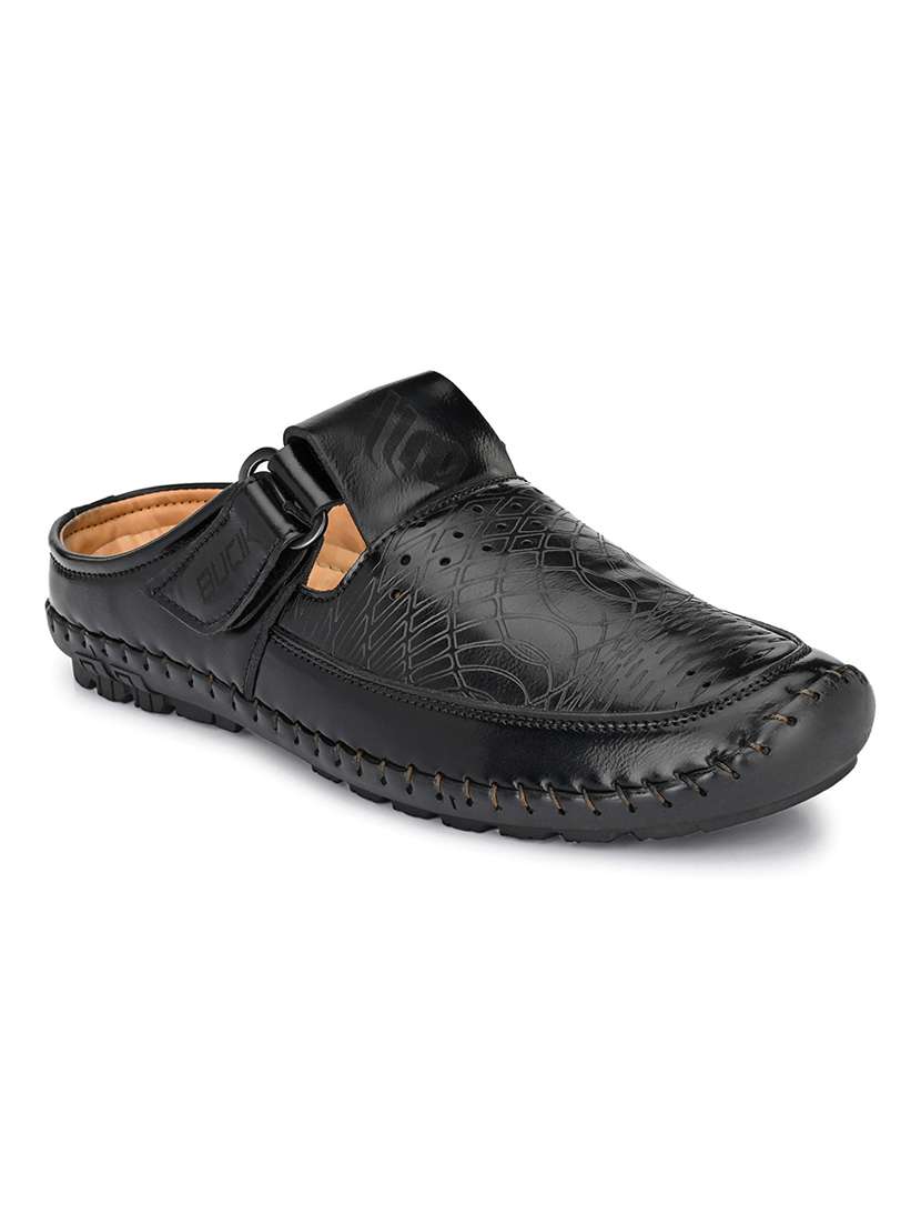 black synthetic slip on sandals