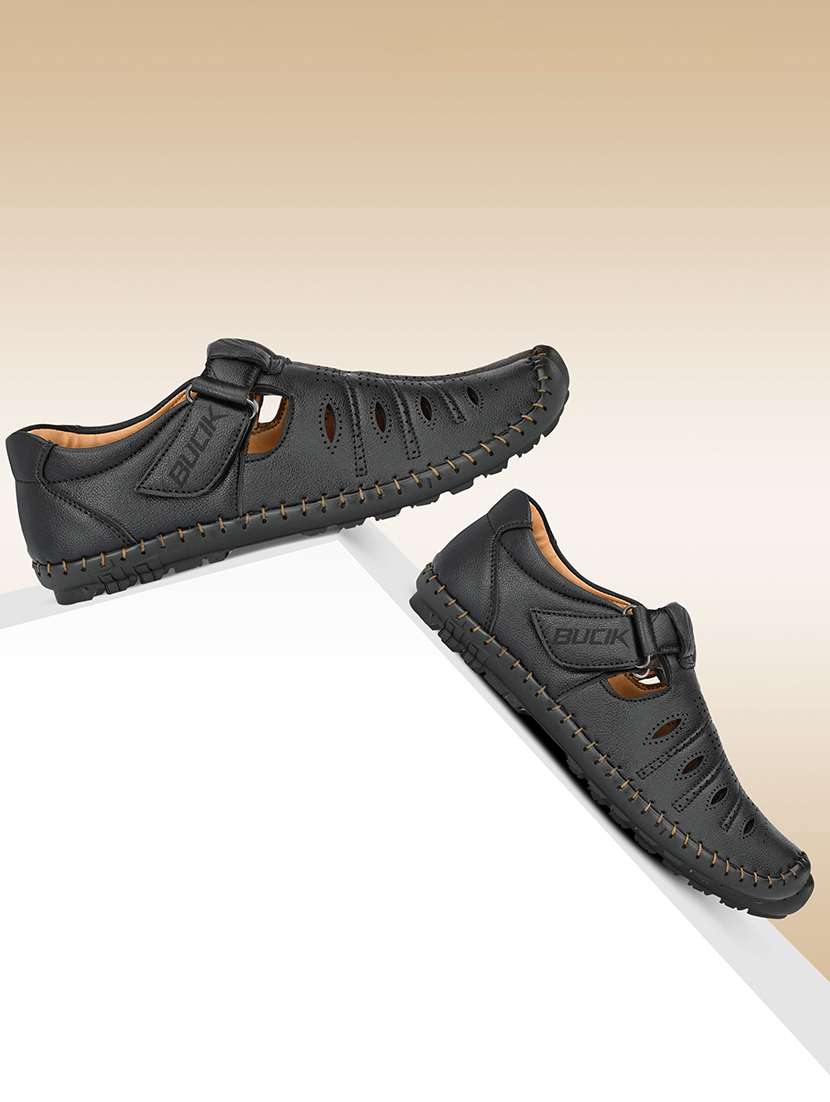 black synthetic slip on sandals