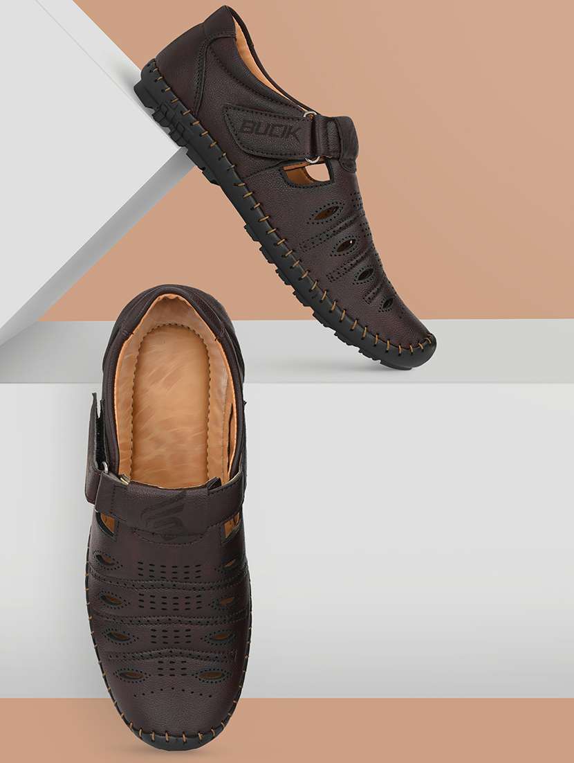 brown synthetic slip on sandals