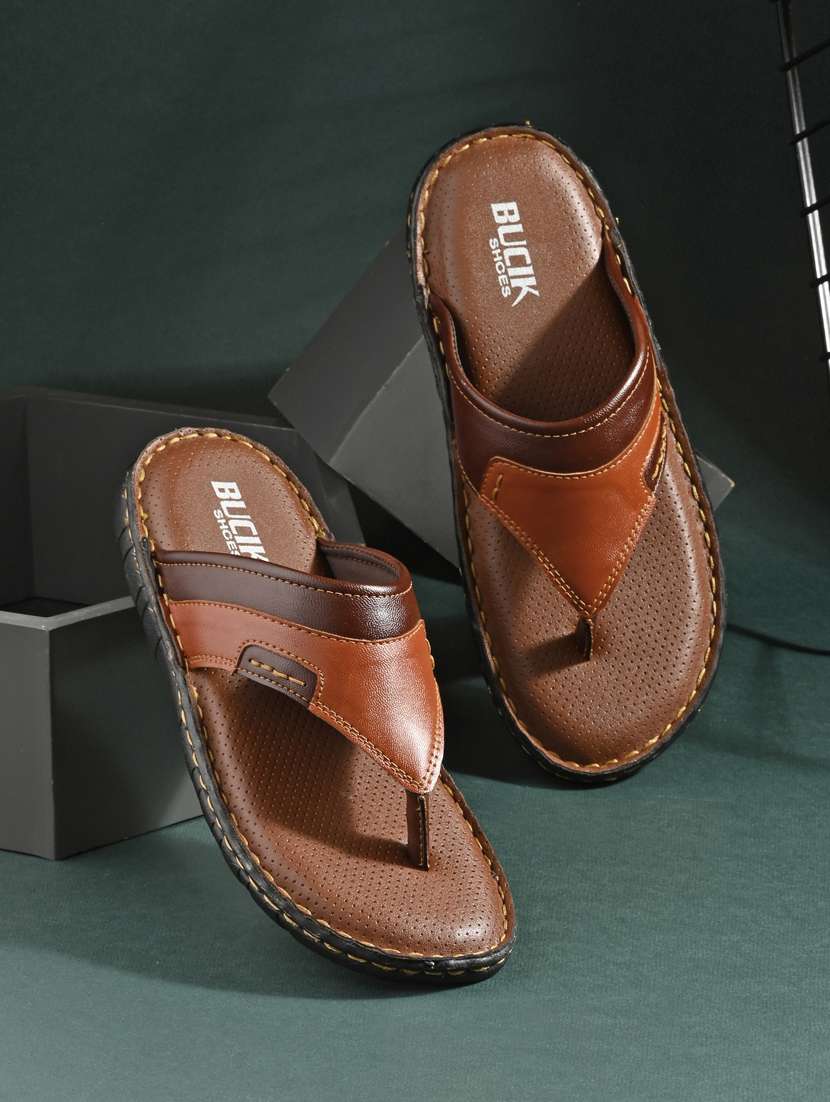 tan leatherette slip on slippers