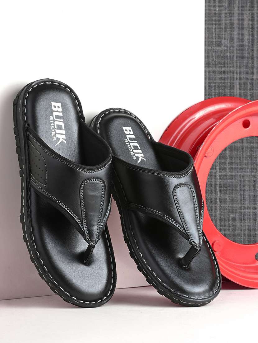 black leatherette slip on slippers