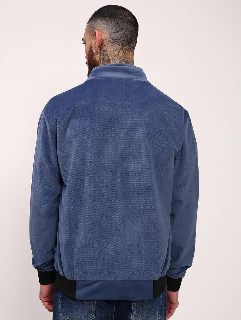 men blue solid velvet casual jacket - 21696002 -  Standard Image - 3
