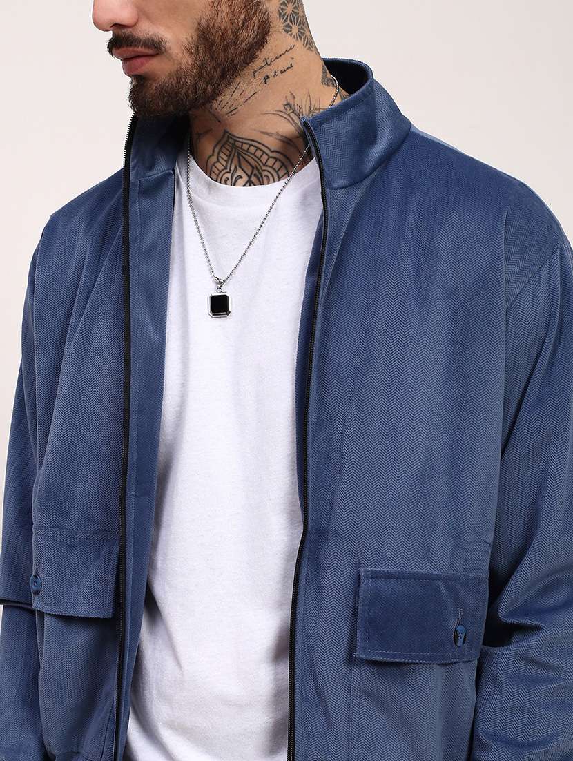 men blue solid velvet casual jacket - 21696002 -  Standard Image - 5