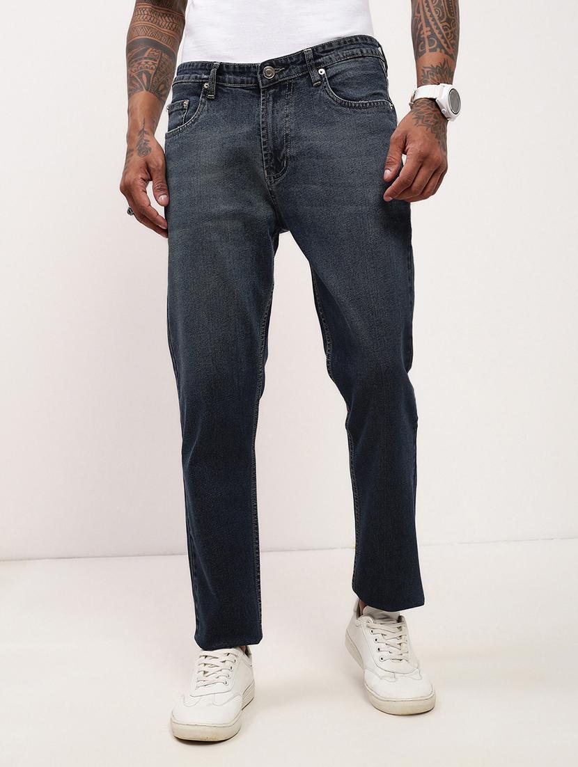 men navy blue low rise full length jean