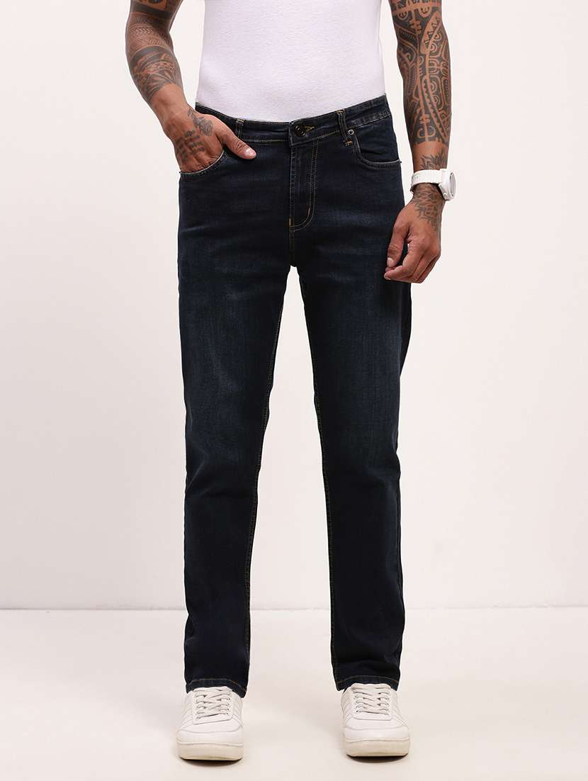 men navy blue low rise full length jean