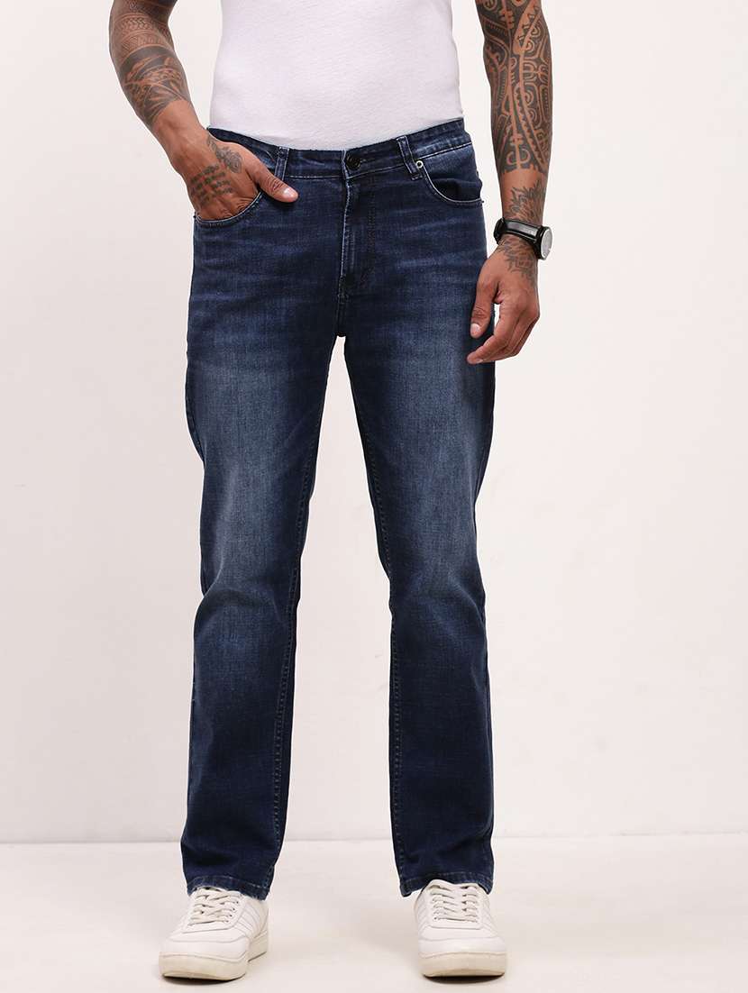 men navy blue low rise full length jean