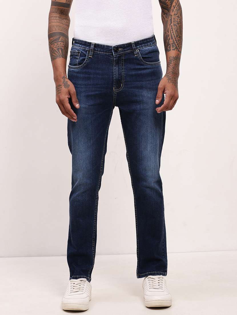 men navy blue low rise full length jean