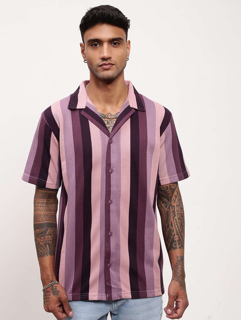 men striped short sleeves casual shirt