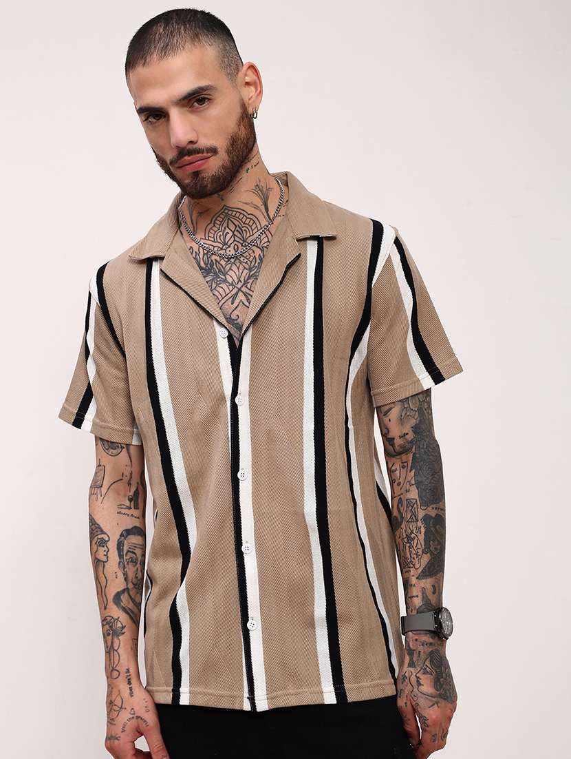 men striped short sleeves casual shirt
