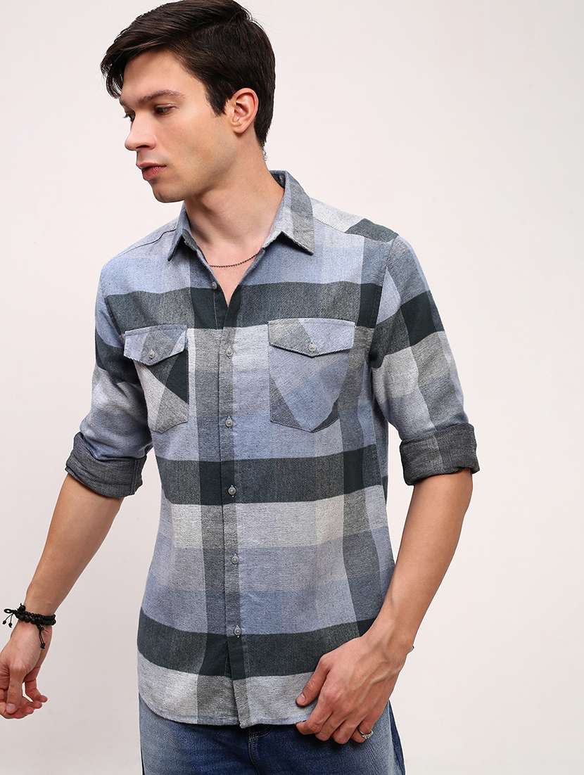 men checkered long sleeves double pockets casual shirt