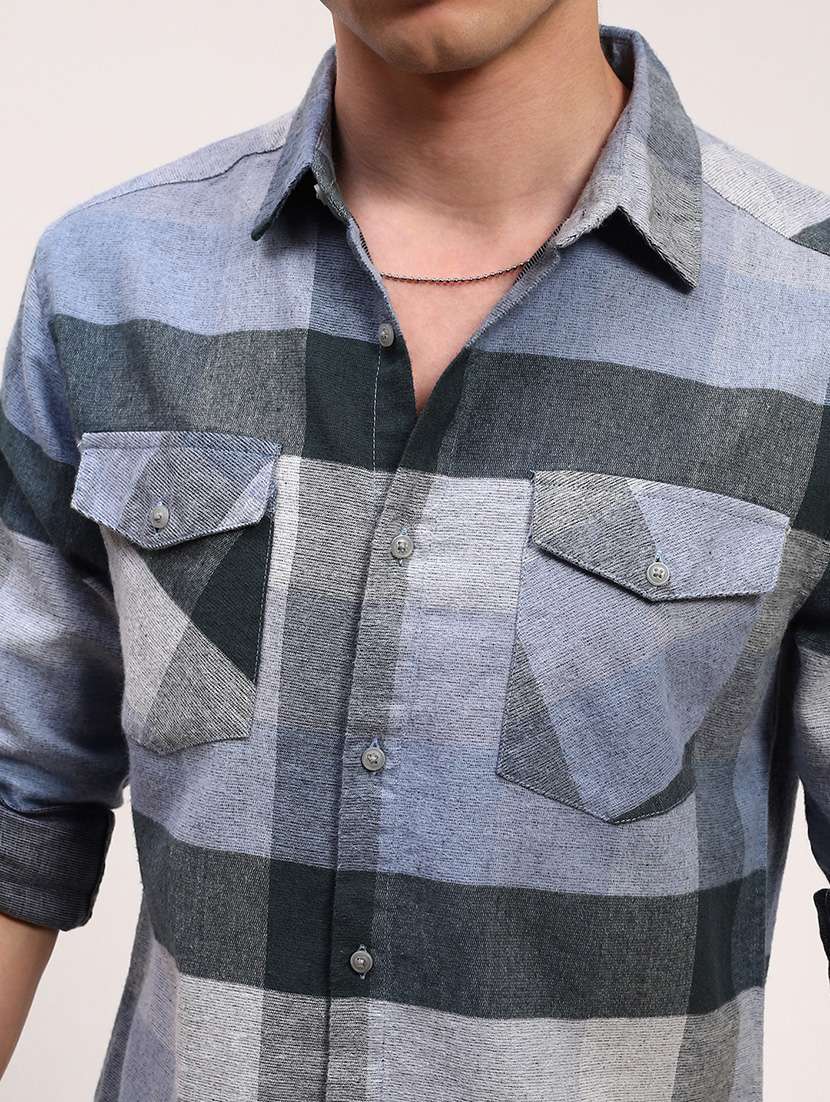 men checkered long sleeves double pockets casual shirt - 21696360 -  Standard Image - 5